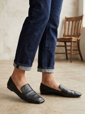 Vince Clark Black Leather Square Toe Ballet Flats Minimalist Smoking Loafers 7.5